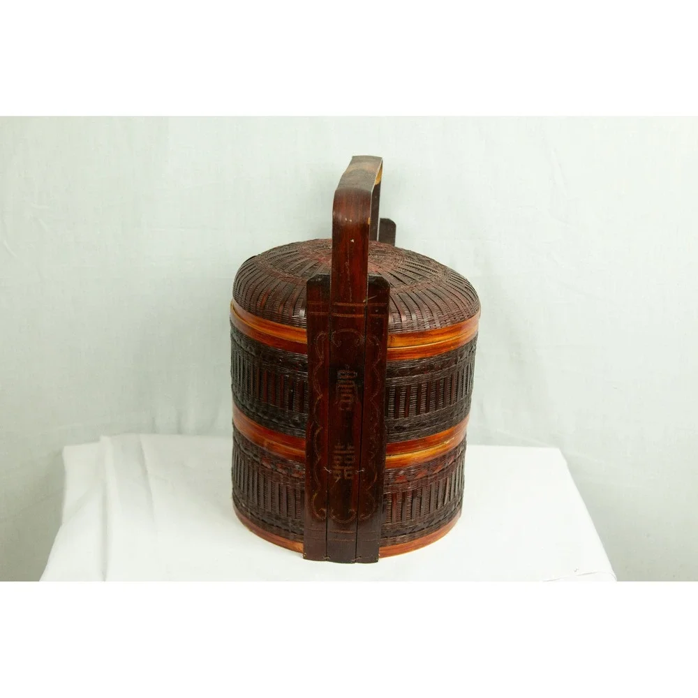 Vintage Chinese Wedding Basket 2 Tier Woven Bamboo Lacquered Picnic Carrier